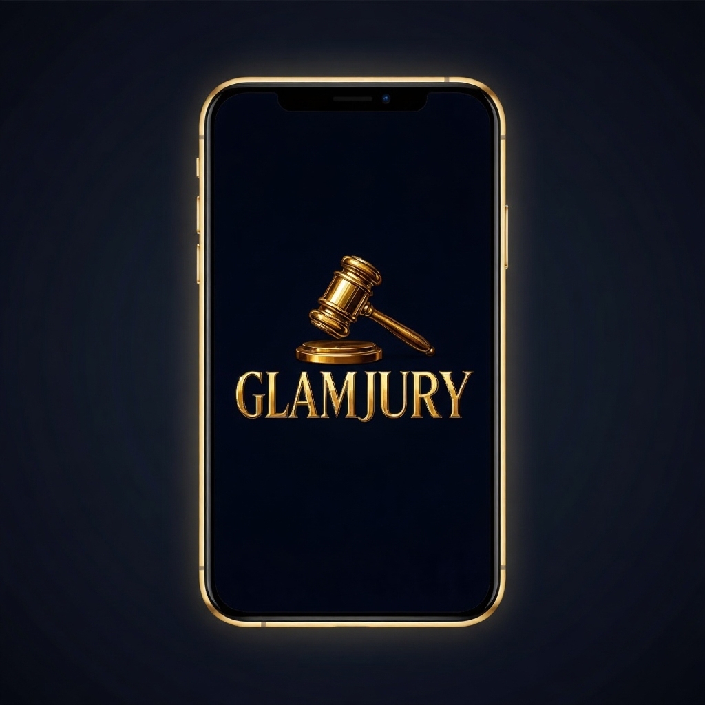 Glamjury app preview on gold-trimmed phone